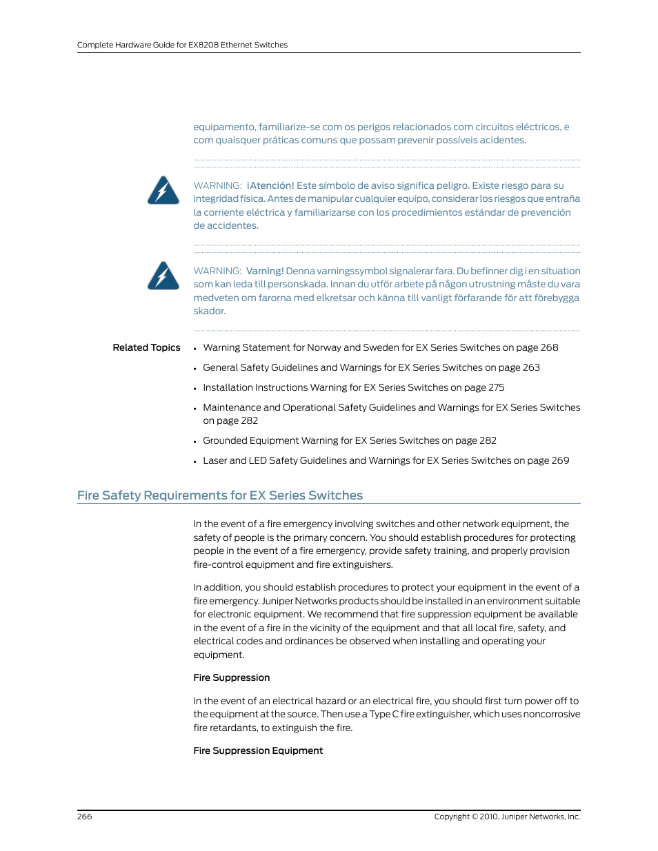 Fire safety requirements for ex series switches | Juniper Networks EX8208 User Manual | Page 292 / 338