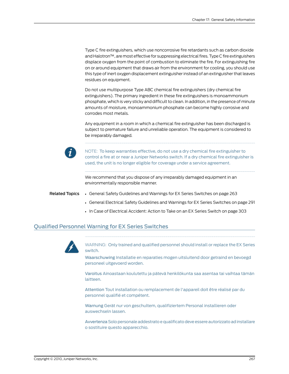 Qualified personnel warning for ex series switches | Juniper Networks EX8208 User Manual | Page 293 / 338
