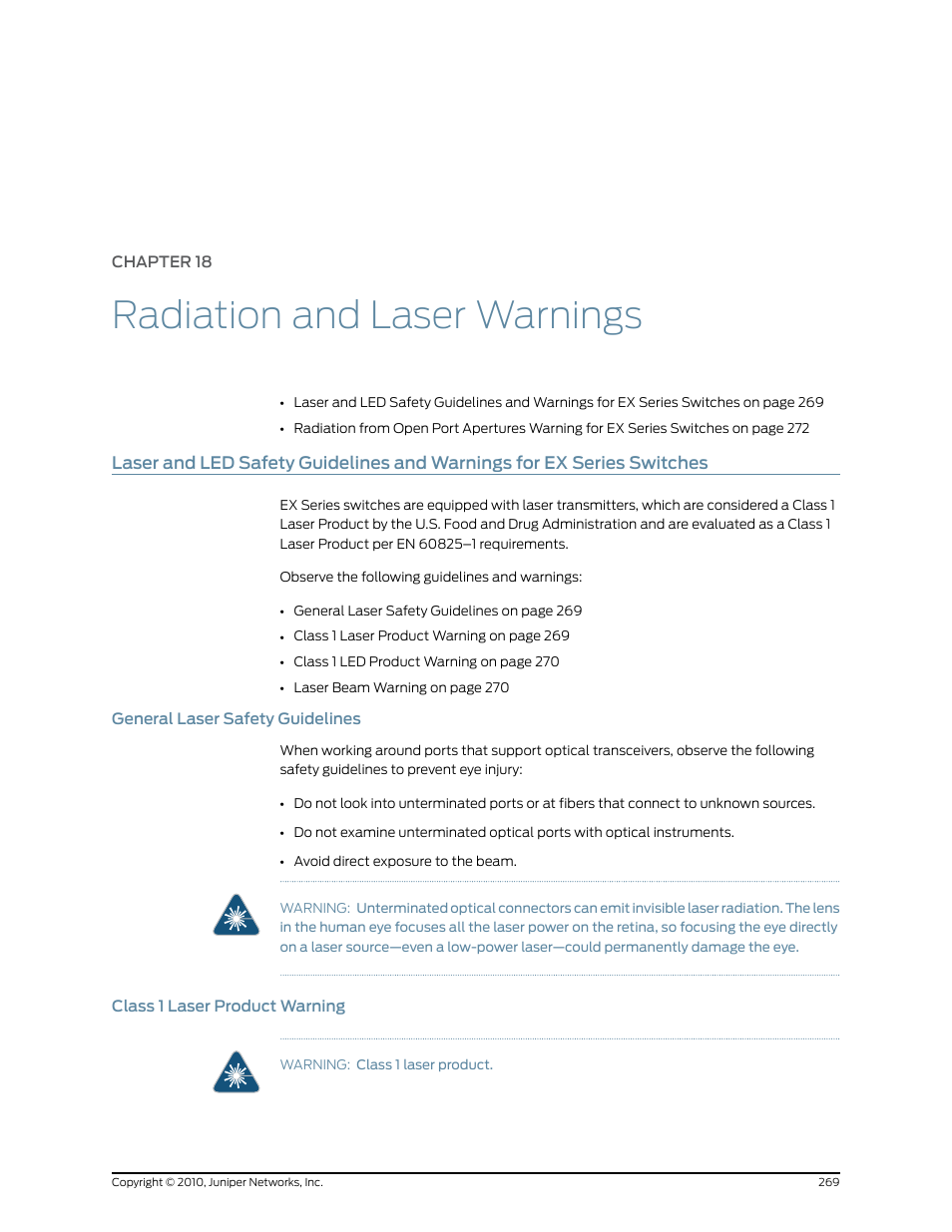 Chapter 18: radiation and laser warnings, General laser safety guidelines, Class 1 laser product warning | Chapter 18, Radiation and laser warnings, 269 class 1 laser product warning | Juniper Networks EX8208 User Manual | Page 295 / 338