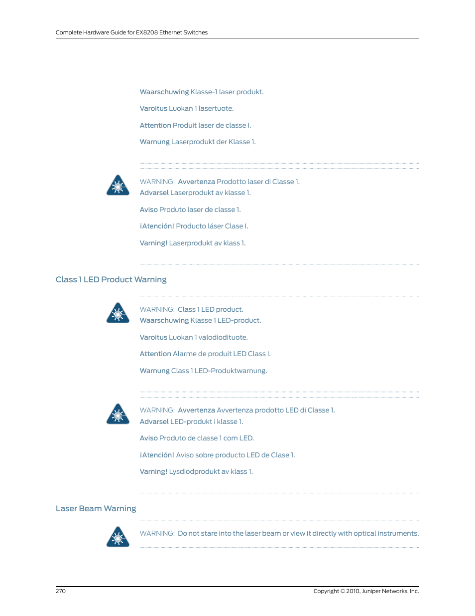 Class 1 led product warning, Laser beam warning, 270 laser beam warning | Juniper Networks EX8208 User Manual | Page 296 / 338