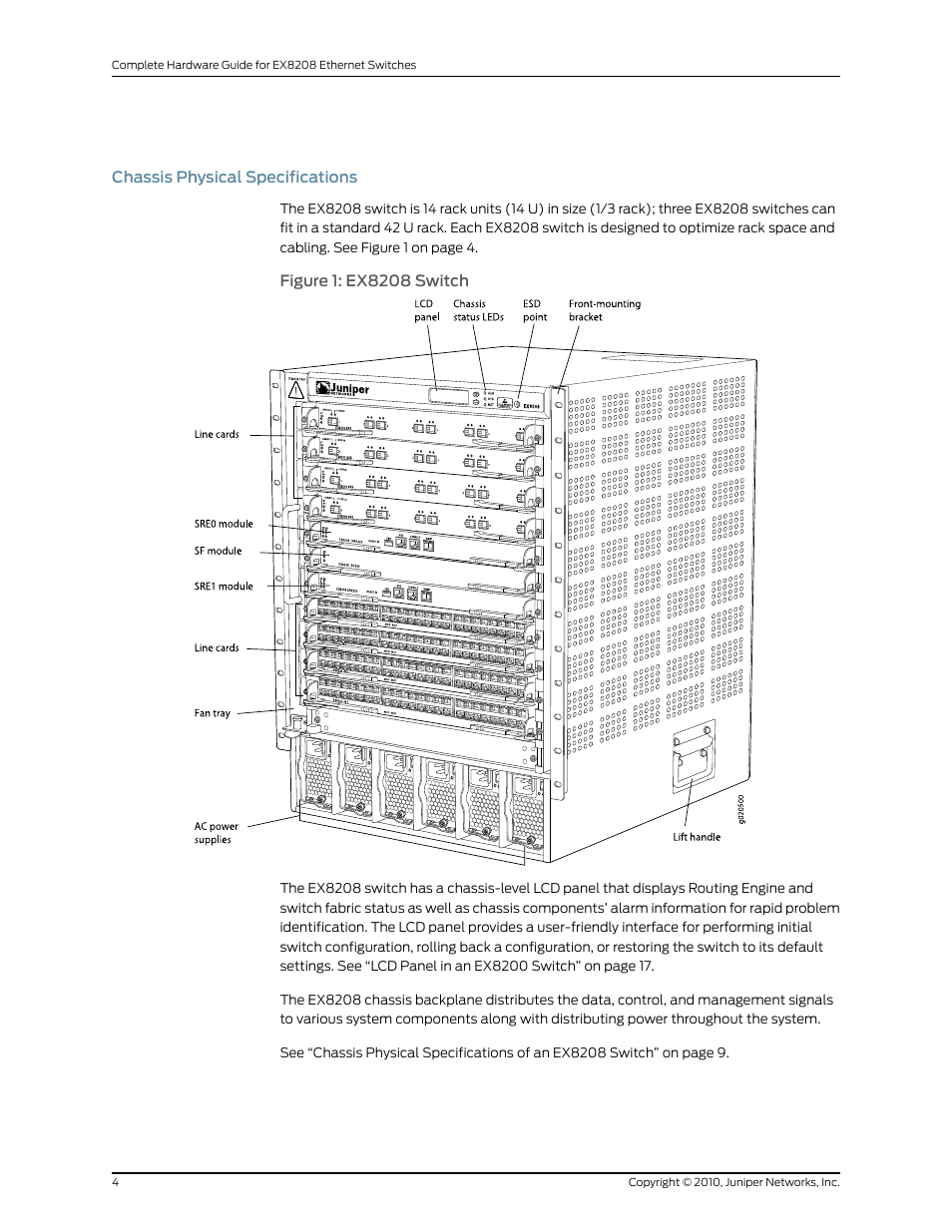 Chassis physical specifications, Figure 1: ex8208 switch | Juniper Networks EX8208 User Manual | Page 30 / 338