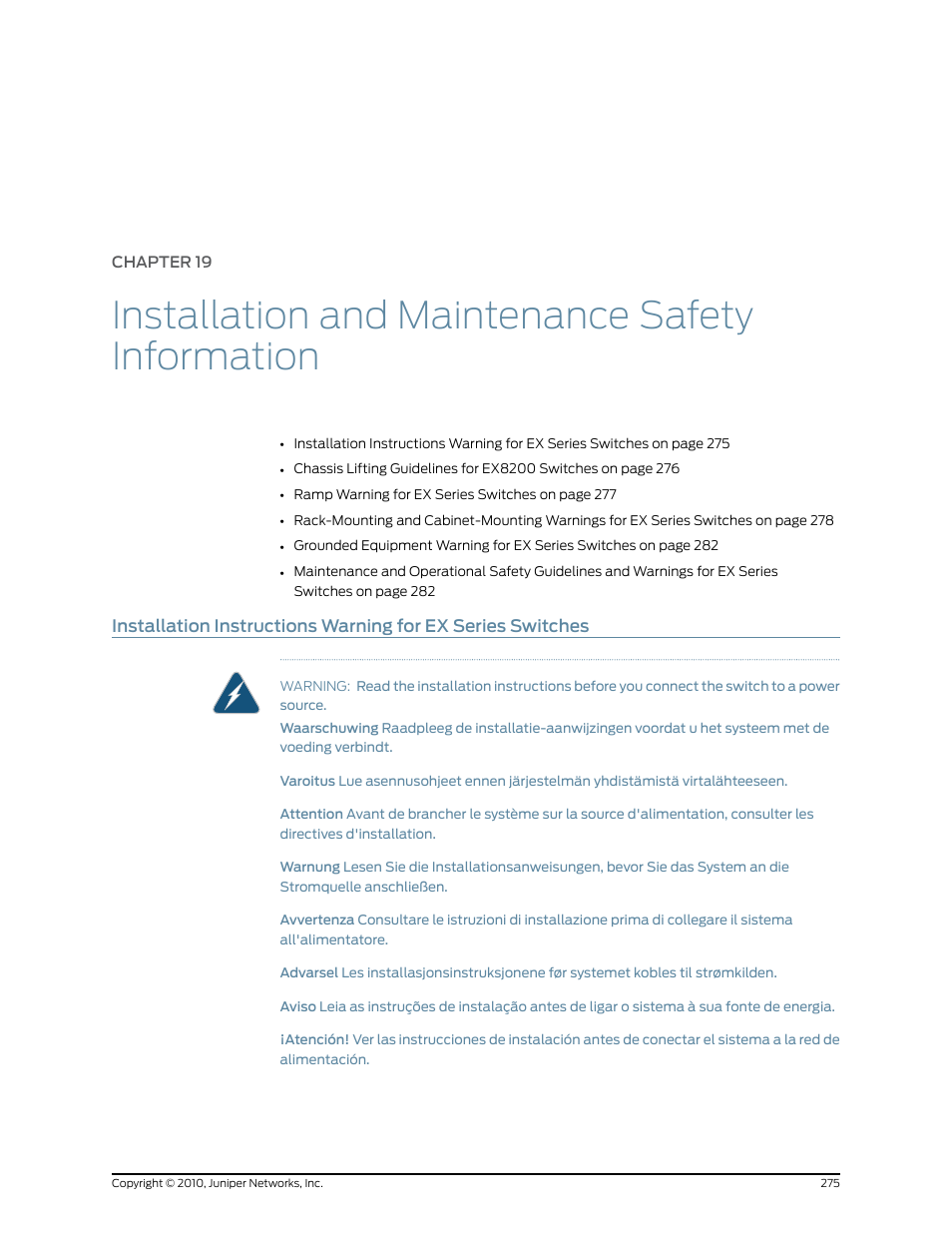 Chapter 19, Installation and maintenance safety information | Juniper Networks EX8208 User Manual | Page 301 / 338