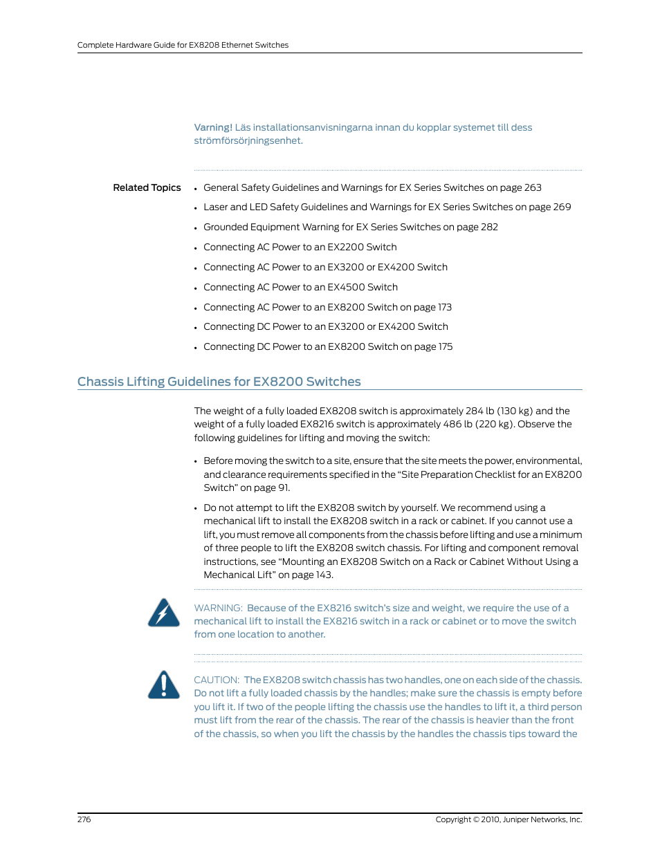 Chassis lifting guidelines for ex8200 switches | Juniper Networks EX8208 User Manual | Page 302 / 338