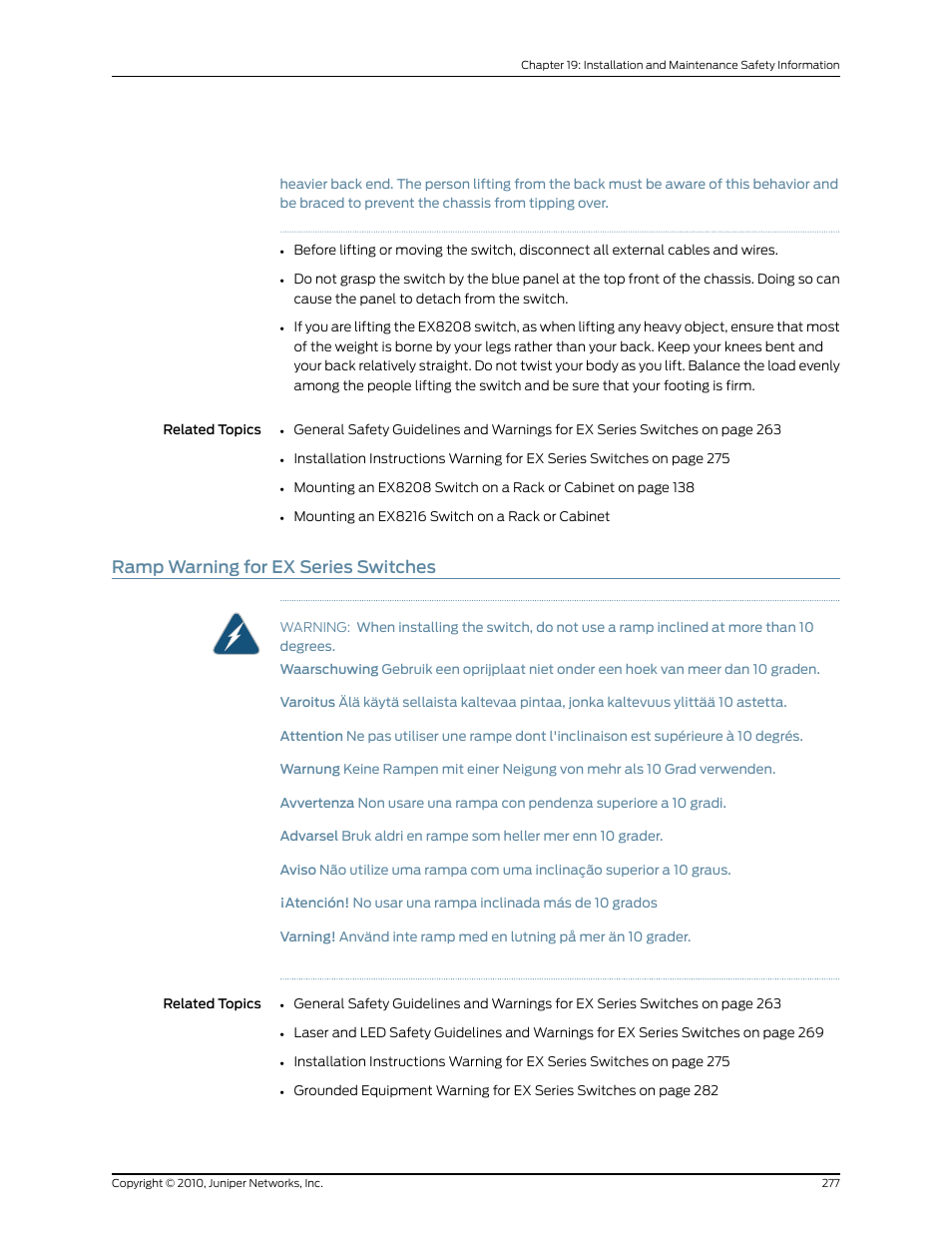 Ramp warning for ex series switches | Juniper Networks EX8208 User Manual | Page 303 / 338