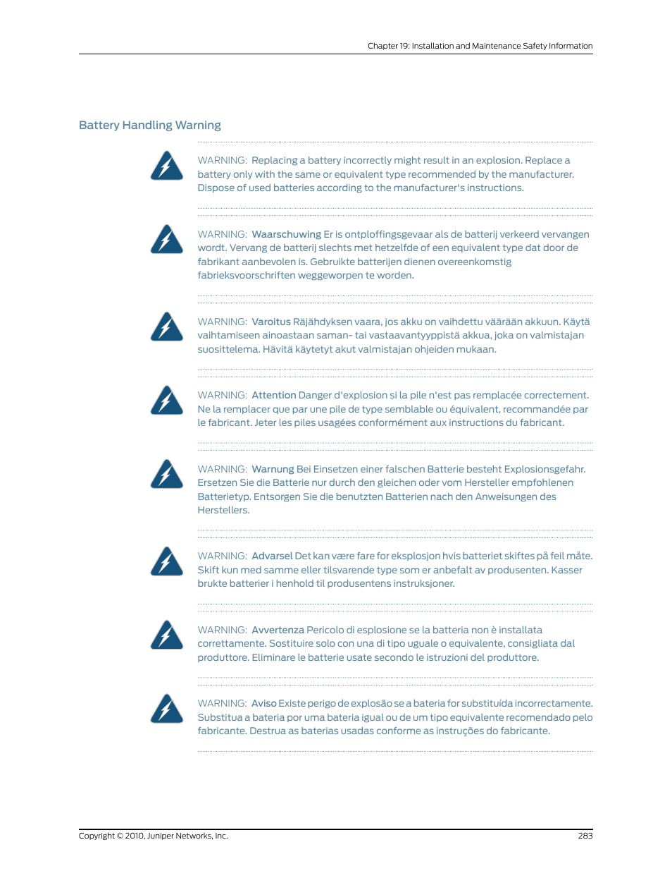 Battery handling warning | Juniper Networks EX8208 User Manual | Page 309 / 338