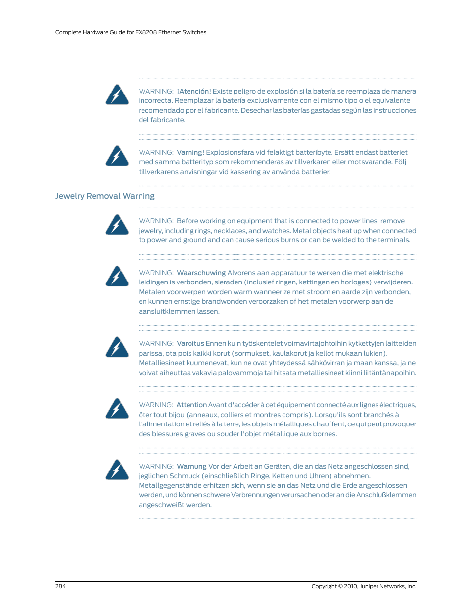 Jewelry removal warning | Juniper Networks EX8208 User Manual | Page 310 / 338