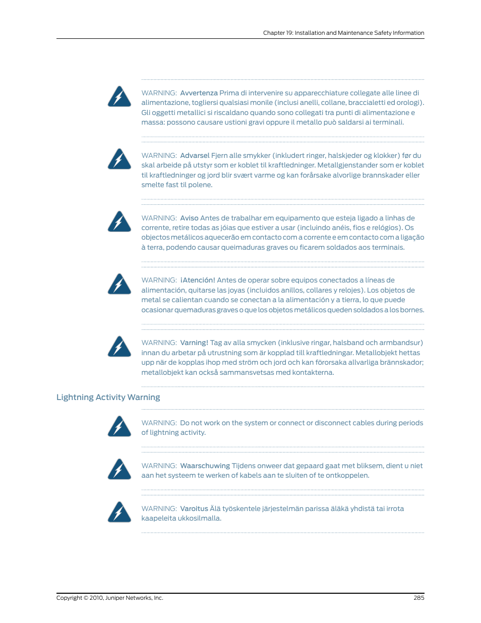 Lightning activity warning | Juniper Networks EX8208 User Manual | Page 311 / 338