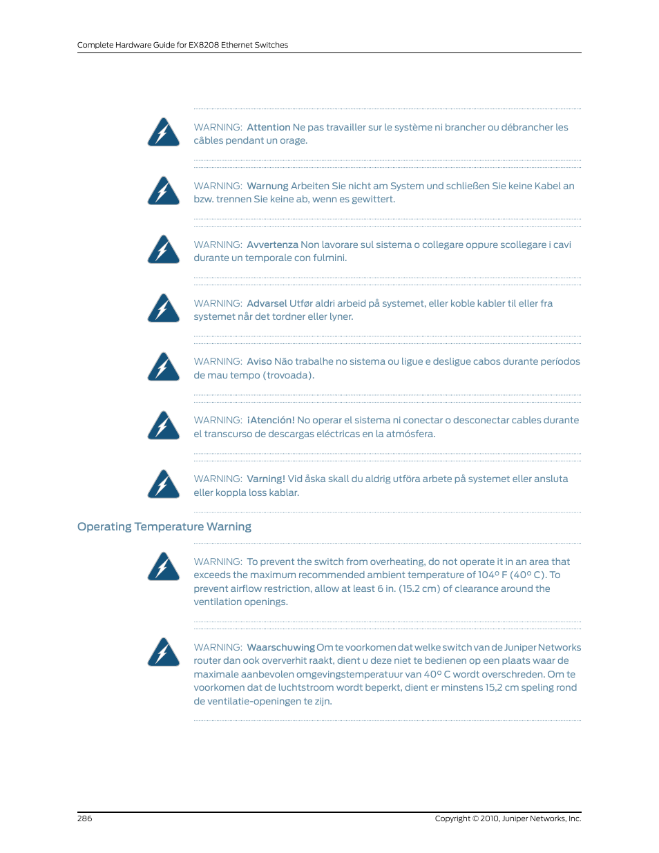 Operating temperature warning | Juniper Networks EX8208 User Manual | Page 312 / 338