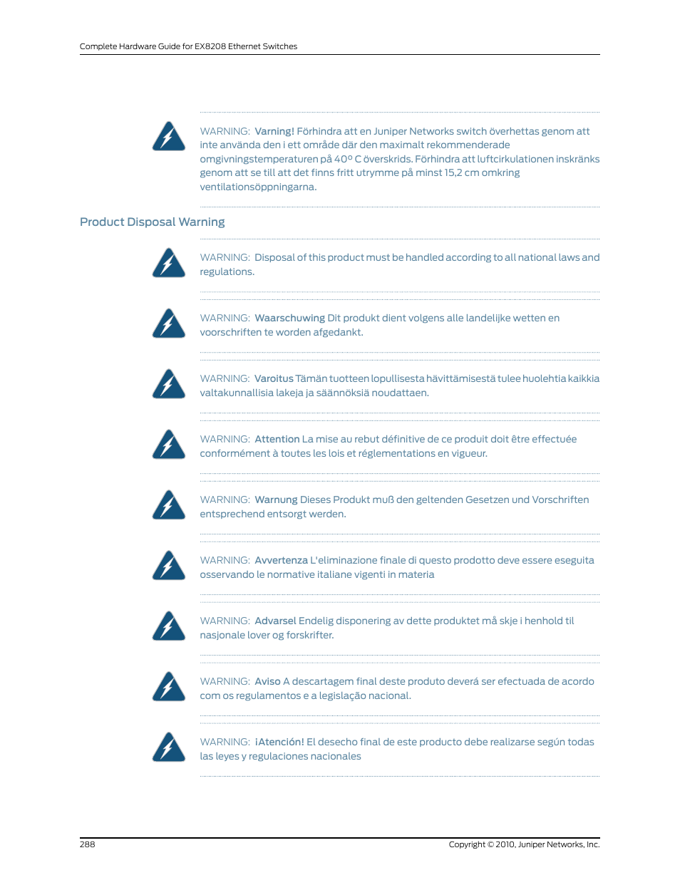 Product disposal warning | Juniper Networks EX8208 User Manual | Page 314 / 338