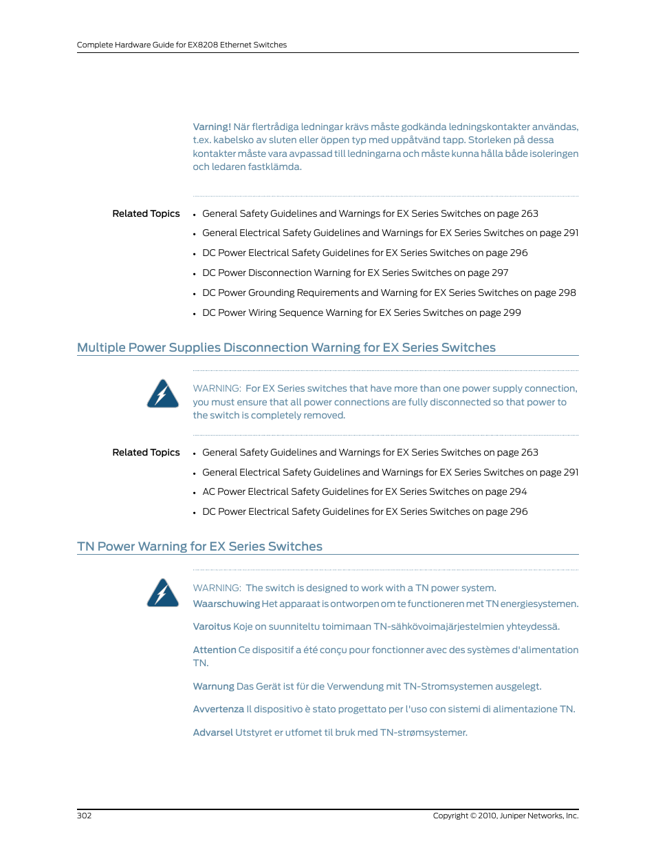 Tn power warning for ex series switches, 302 tn power warning for ex series switches | Juniper Networks EX8208 User Manual | Page 328 / 338