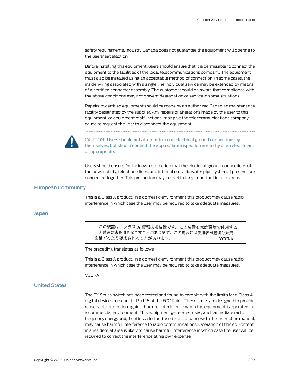 European community, Japan, United states | 309 japan, 309 united states | Juniper Networks EX8208 User Manual | Page 335 / 338