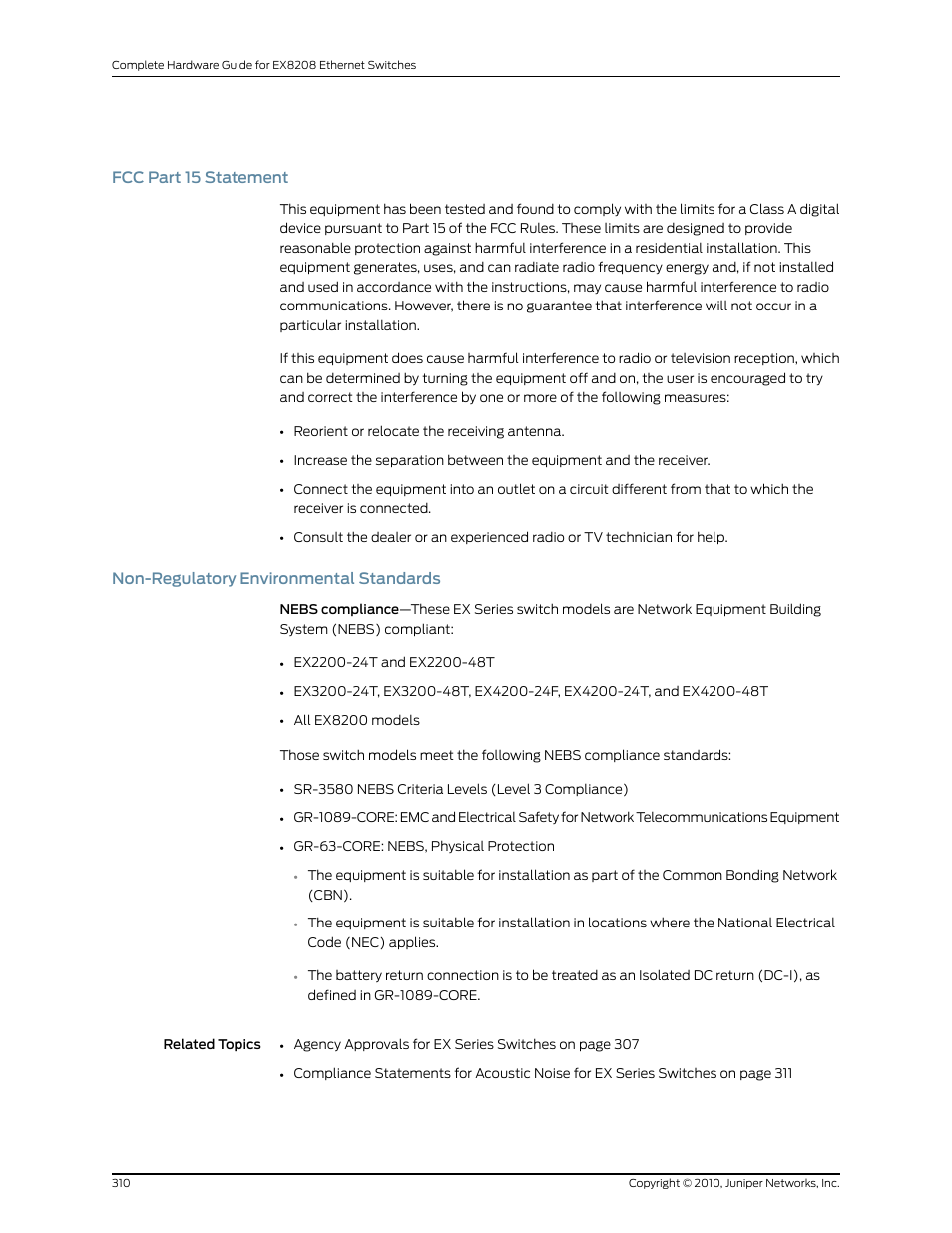 Fcc part 15 statement, Non-regulatory environmental standards, 310 non-regulatory environmental standards | Juniper Networks EX8208 User Manual | Page 336 / 338