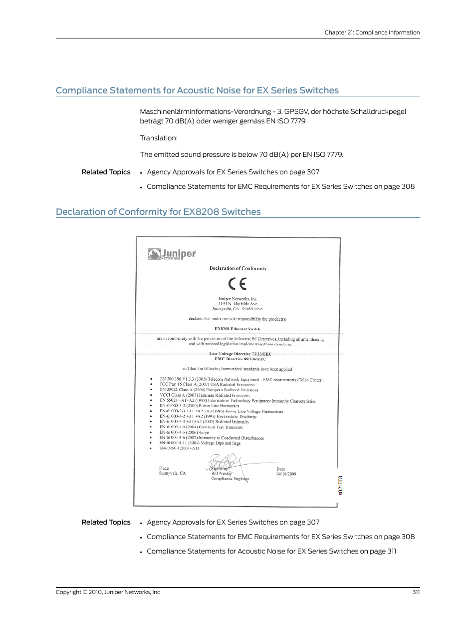 Declaration of conformity for ex8208 switches, 311 declaration of conformity for ex8208 switches | Juniper Networks EX8208 User Manual | Page 337 / 338
