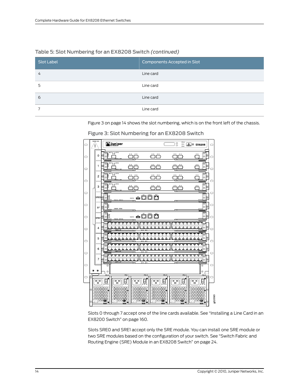 Figure 3: slot numbering for an ex8208 switch | Juniper Networks EX8208 User Manual | Page 40 / 338