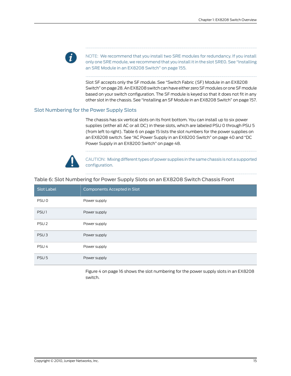 Slot numbering for the power supply slots, Front | Juniper Networks EX8208 User Manual | Page 41 / 338