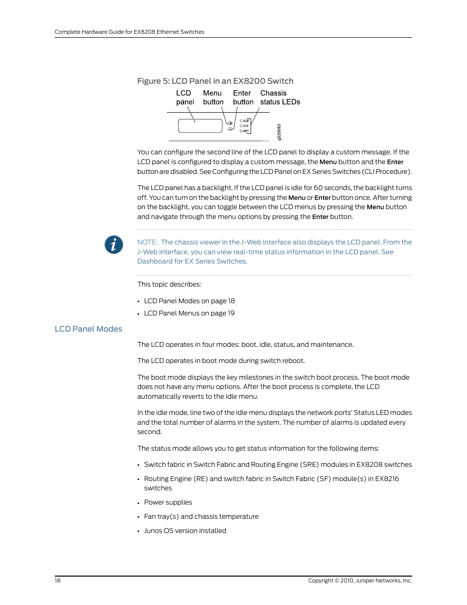 Lcd panel modes, Figure 5: lcd panel in an ex8200 switch | Juniper Networks EX8208 User Manual | Page 44 / 338