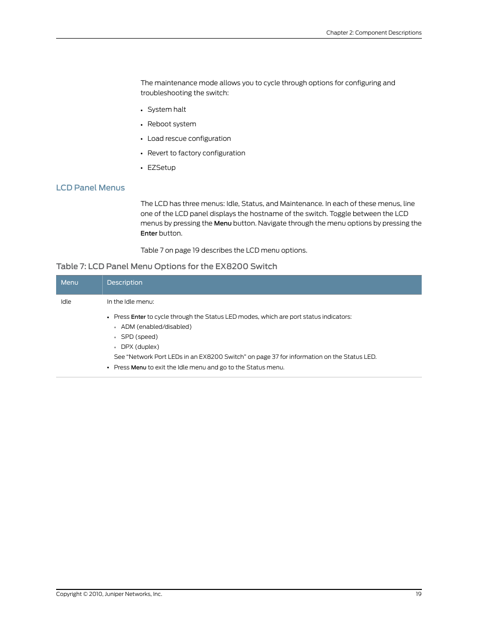 Lcd panel menus | Juniper Networks EX8208 User Manual | Page 45 / 338