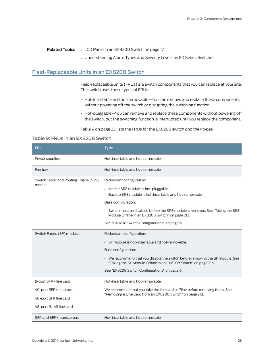 Field-replaceable units in an ex8208 switch, Table 9: frus in an ex8208 switch | Juniper Networks EX8208 User Manual | Page 49 / 338