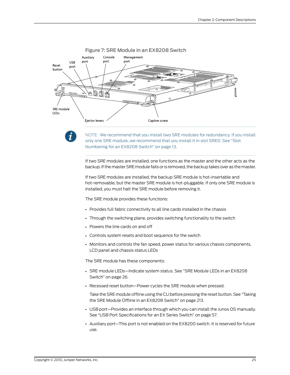 Figure 7: sre module in an ex8208 switch | Juniper Networks EX8208 User Manual | Page 51 / 338