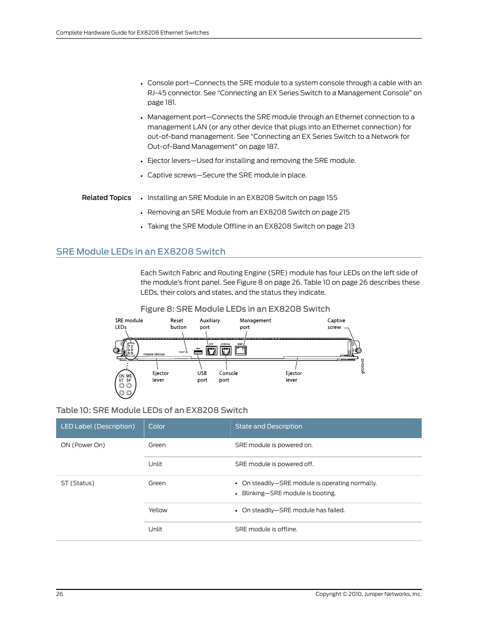 Sre module leds in an ex8208 switch, Figure 8: sre module leds in an ex8208 switch, Table 10: sre module leds of an ex8208 switch | Juniper Networks EX8208 User Manual | Page 52 / 338