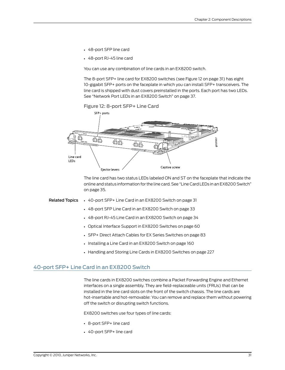 Port sfp+ line card in an ex8200 switch, Figure 12: 8-port sfp+ line card | Juniper Networks EX8208 User Manual | Page 57 / 338