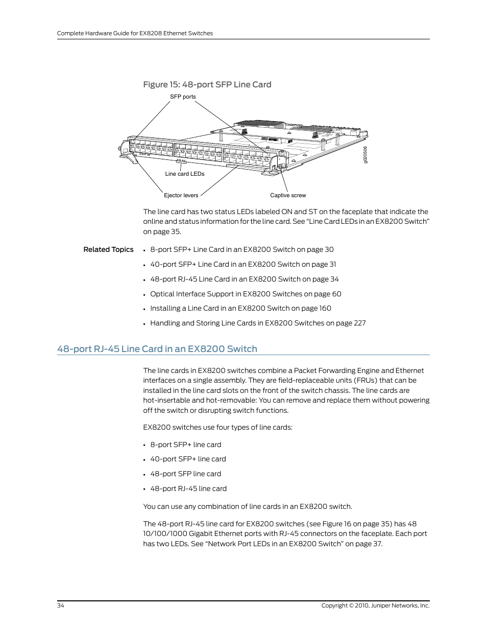 Port rj-45 line card in an ex8200 switch, Figure 15: 48-port sfp line card | Juniper Networks EX8208 User Manual | Page 60 / 338