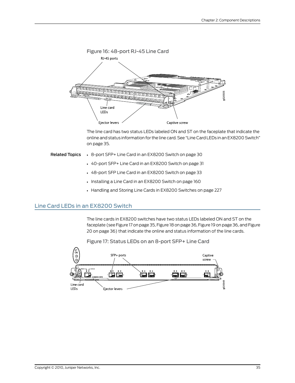 Line card leds in an ex8200 switch, Figure 16: 48-port rj-45 line card | Juniper Networks EX8208 User Manual | Page 61 / 338