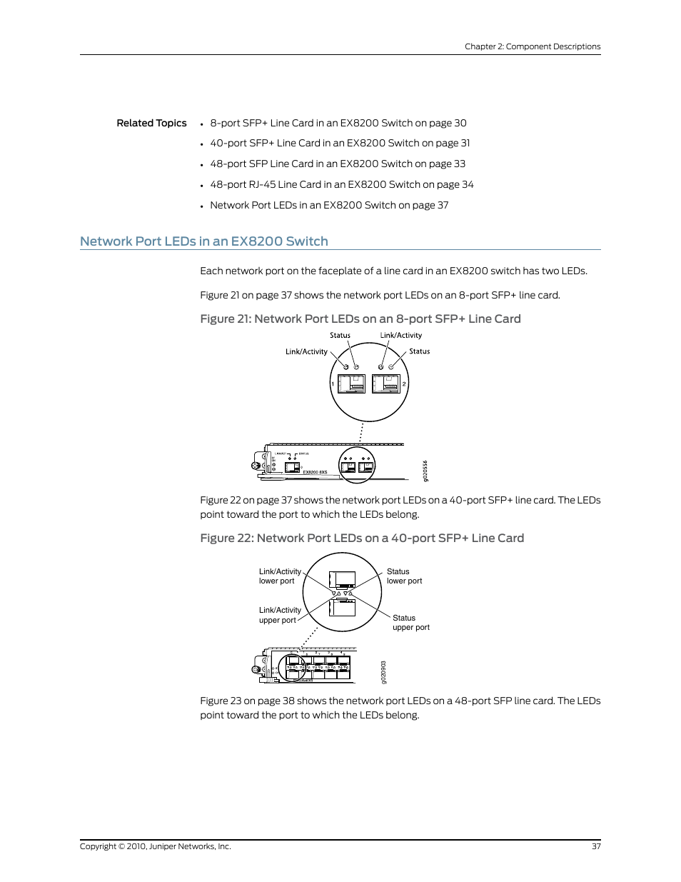 Network port leds in an ex8200 switch | Juniper Networks EX8208 User Manual | Page 63 / 338