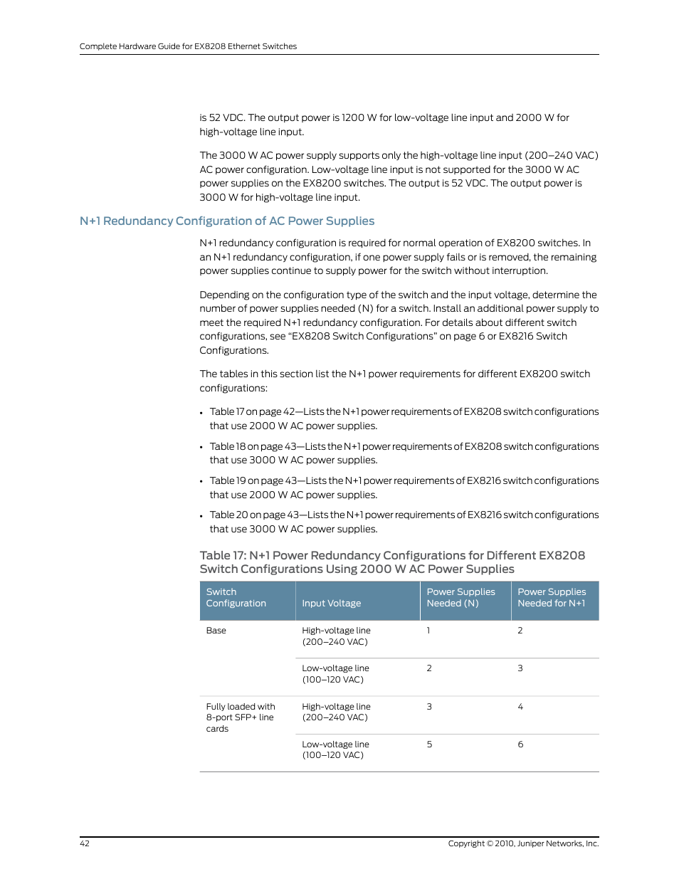 N+1 redundancy configuration of ac power supplies, Configurations using 2000 w ac power supplies | Juniper Networks EX8208 User Manual | Page 68 / 338