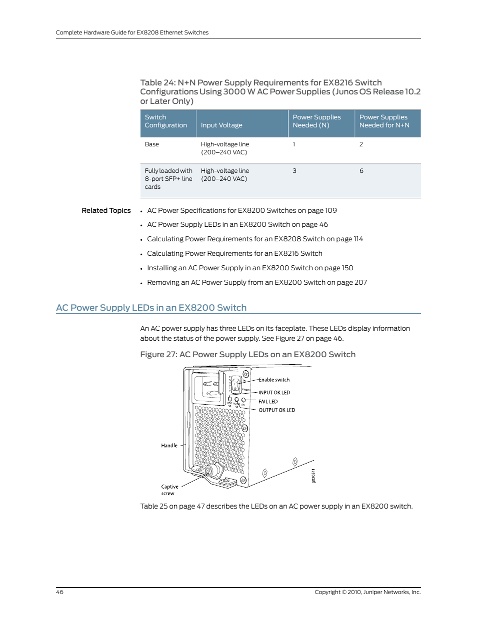 Ac power supply leds in an ex8200 switch | Juniper Networks EX8208 User Manual | Page 72 / 338