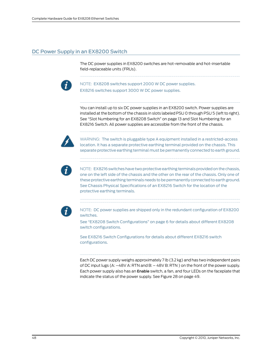 Dc power supply in an ex8200 switch | Juniper Networks EX8208 User Manual | Page 74 / 338