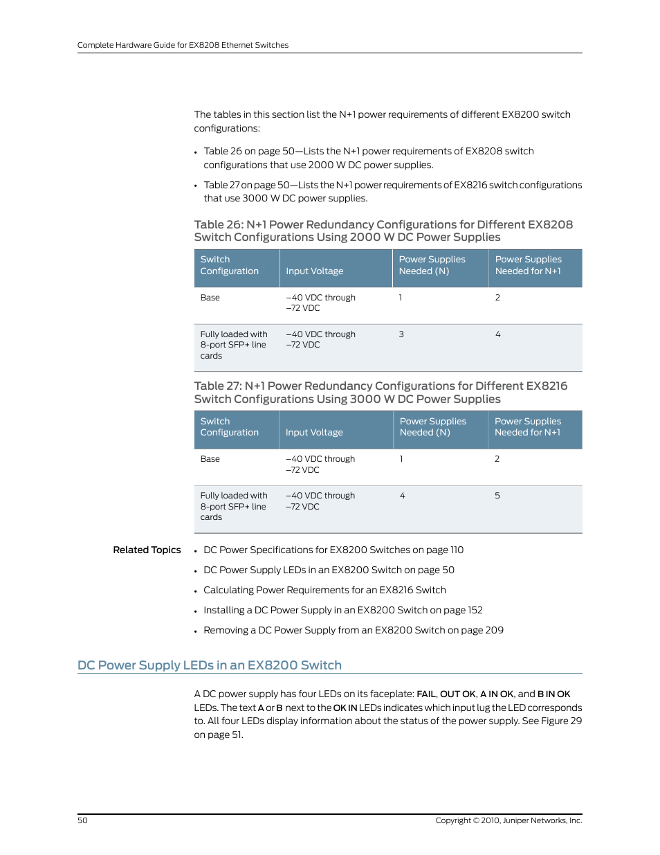 Dc power supply leds in an ex8200 switch, Configurations using 2000 w dc power supplies, Configurations using 3000 w dc power supplies | Juniper Networks EX8208 User Manual | Page 76 / 338