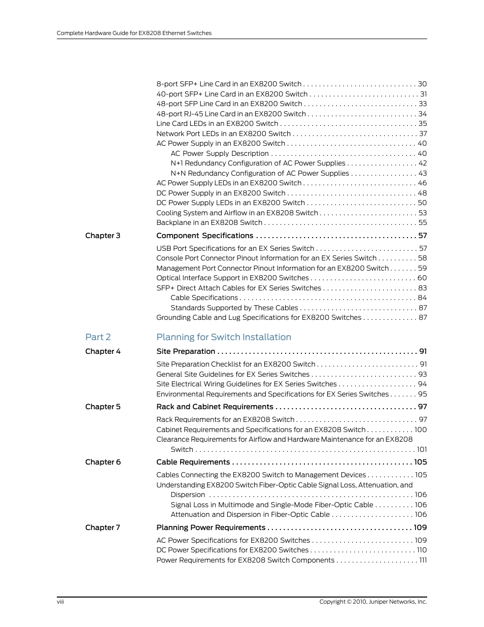 Part 2 planning for switch installation | Juniper Networks EX8208 User Manual | Page 8 / 338