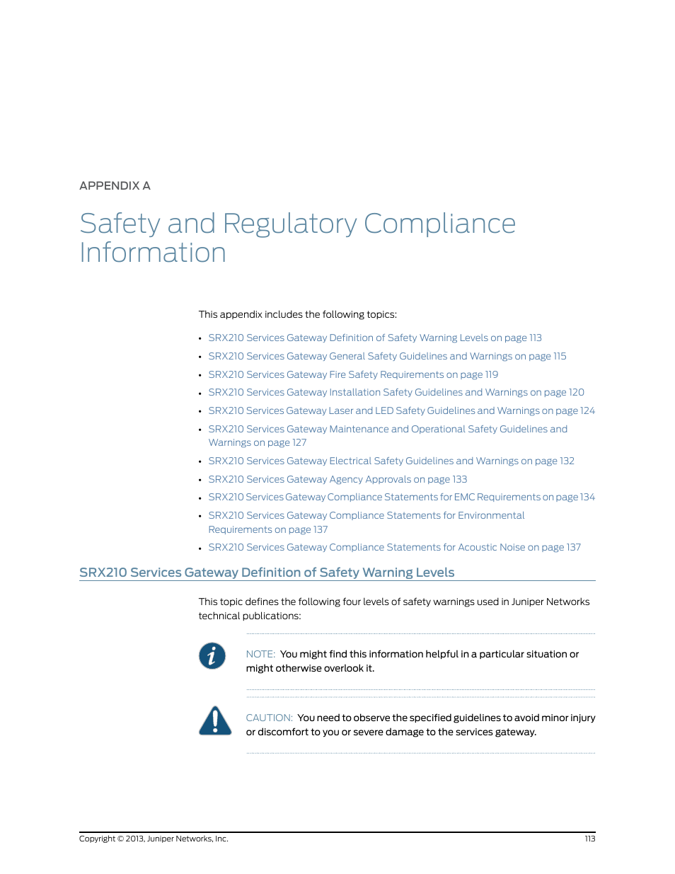 Appendix a, Safety and regulatory compliance information | Juniper Networks SRX 210 User Manual | Page 129 / 176