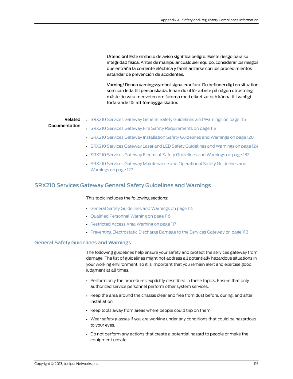 General safety guidelines and warnings | Juniper Networks SRX 210 User Manual | Page 131 / 176