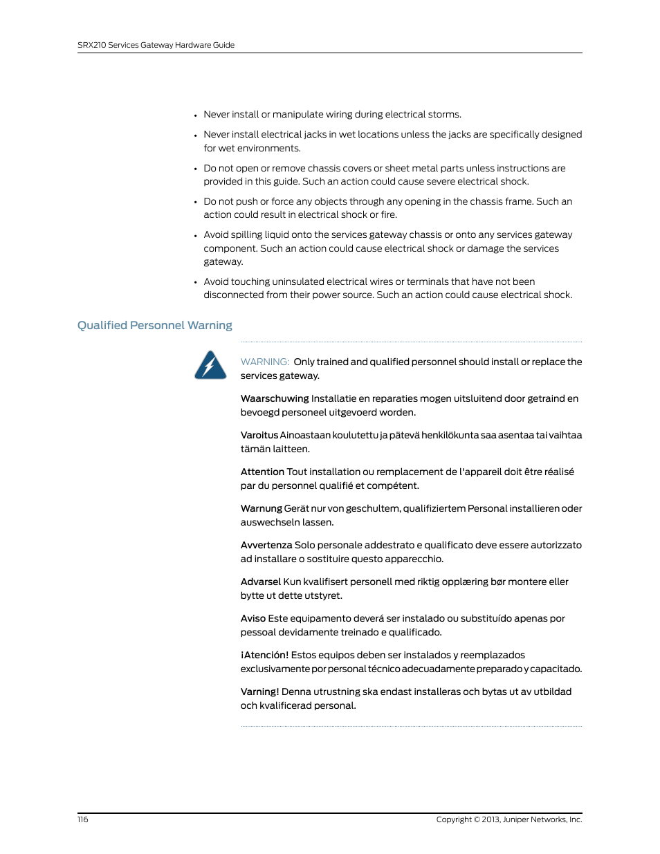 Qualified personnel warning | Juniper Networks SRX 210 User Manual | Page 132 / 176