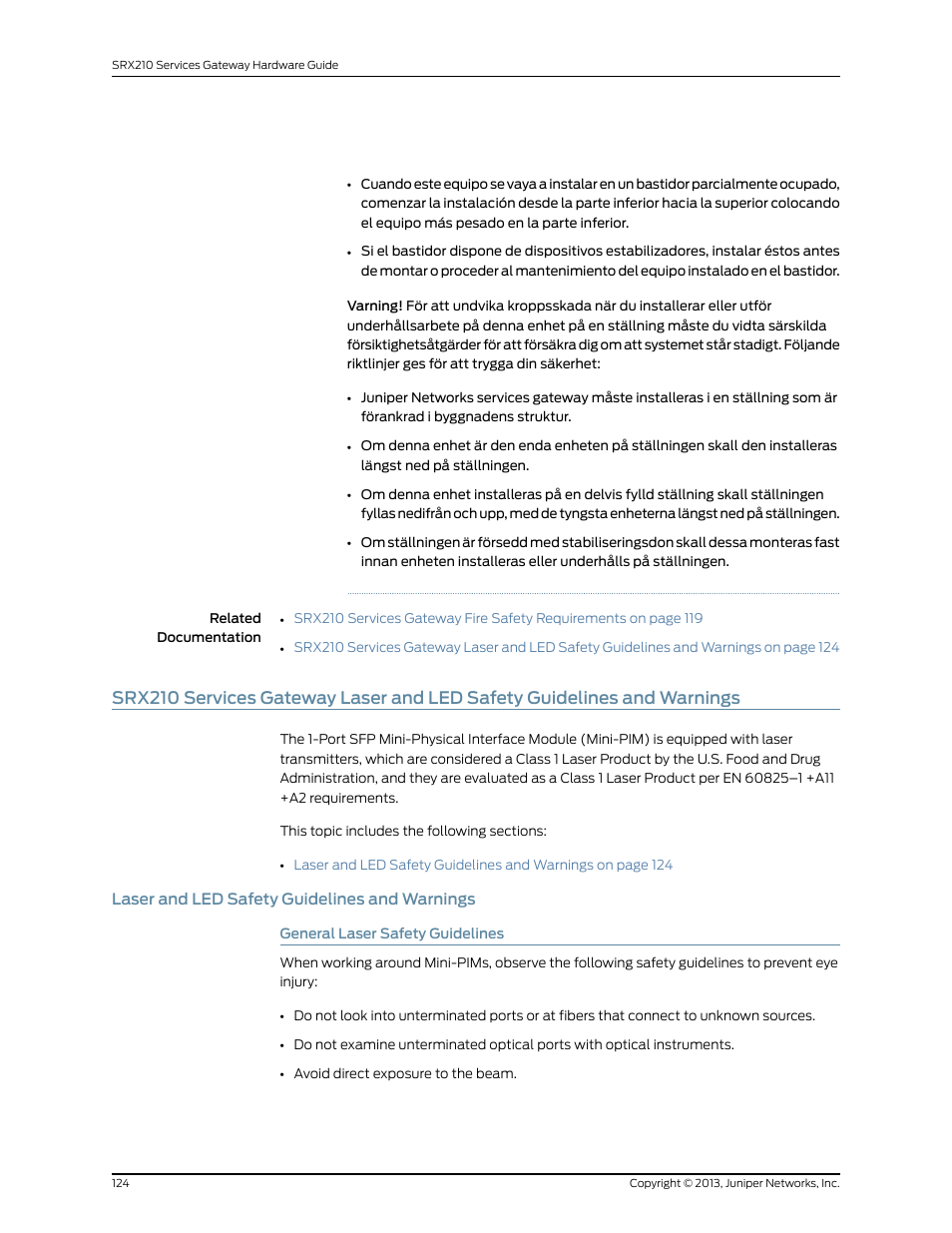 Laser and led safety guidelines and warnings, General laser safety guidelines | Juniper Networks SRX 210 User Manual | Page 140 / 176