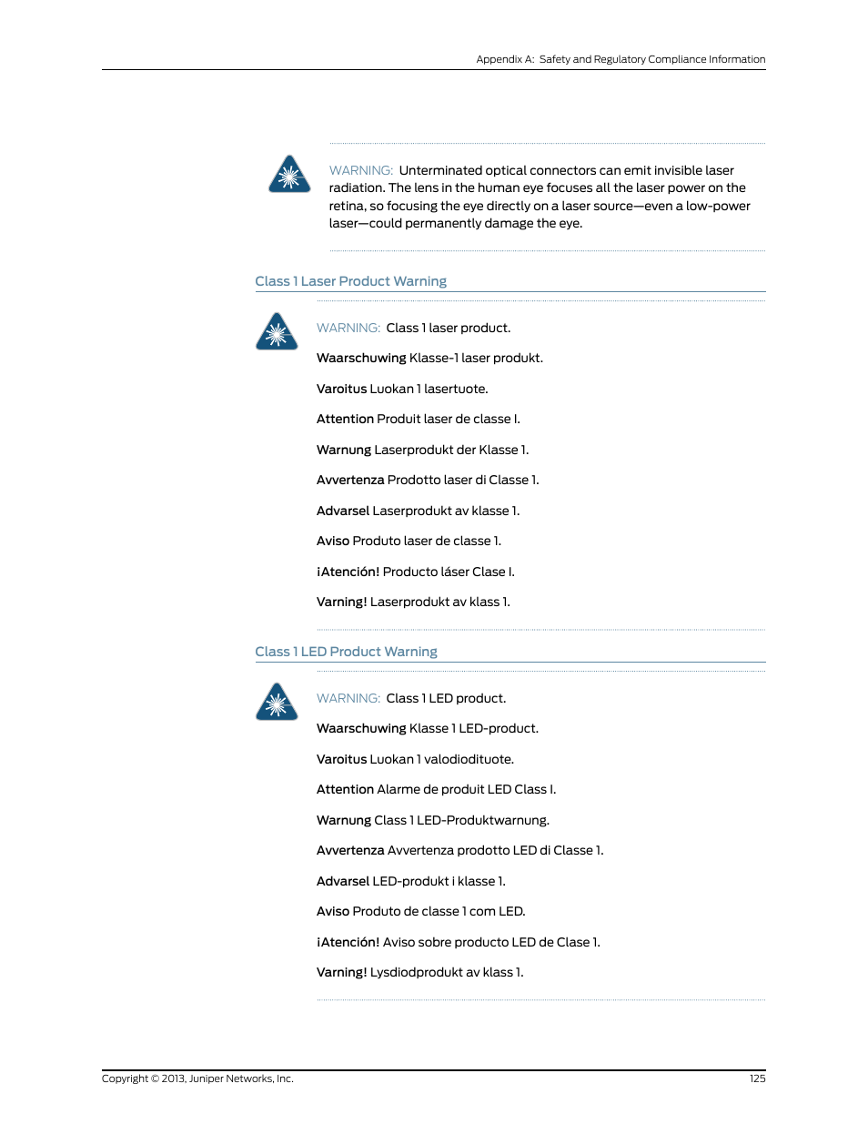 Class 1 laser product warning, Class 1 led product warning, 125 class 1 led product warning | Juniper Networks SRX 210 User Manual | Page 141 / 176