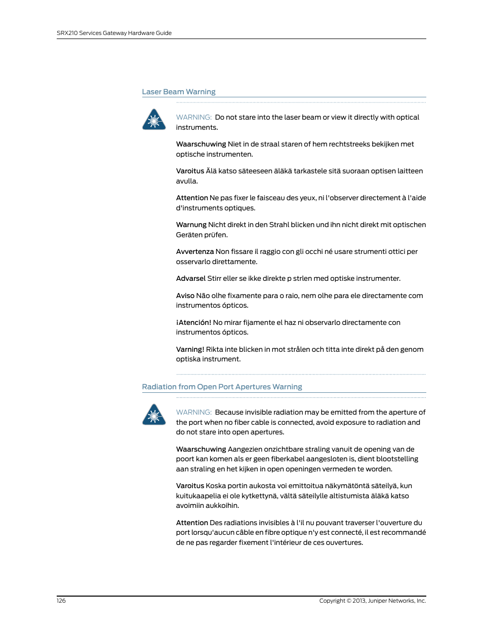 Laser beam warning, Radiation from open port apertures warning, 126 radiation from open port apertures warning | Juniper Networks SRX 210 User Manual | Page 142 / 176