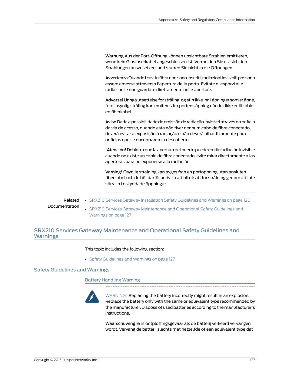 Safety guidelines and warnings, Battery handling warning, Warnings | 127 safety guidelines and warnings | Juniper Networks SRX 210 User Manual | Page 143 / 176