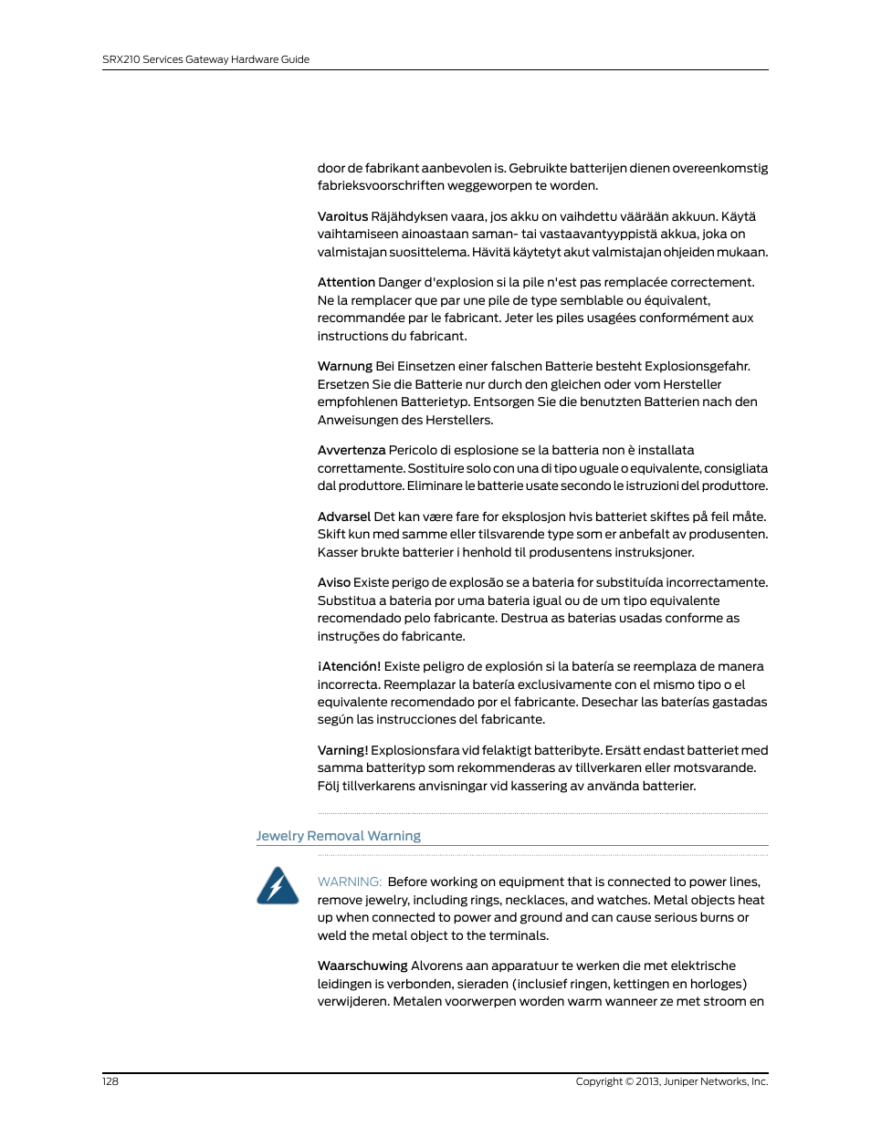 Jewelry removal warning | Juniper Networks SRX 210 User Manual | Page 144 / 176