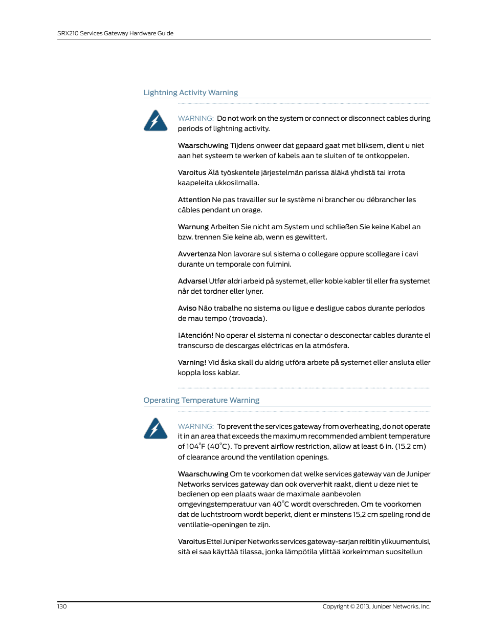 Lightning activity warning, Operating temperature warning, 130 operating temperature warning | Juniper Networks SRX 210 User Manual | Page 146 / 176