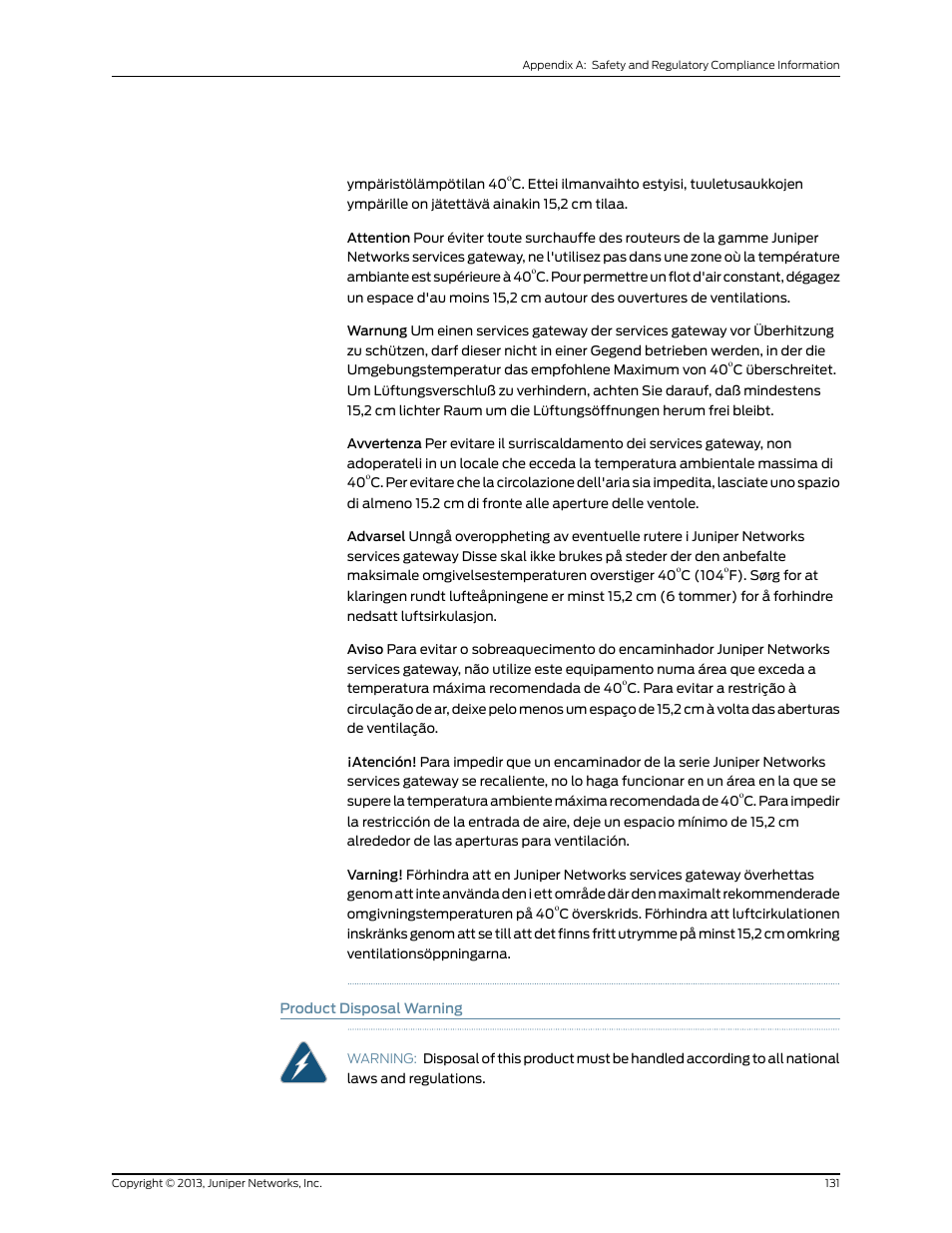 Product disposal warning | Juniper Networks SRX 210 User Manual | Page 147 / 176