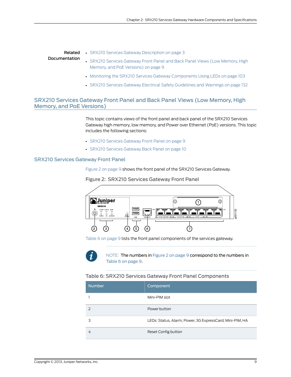 Srx210 services gateway front panel, High memory, and poe versions), 9 srx210 services gateway front panel | Juniper Networks SRX 210 User Manual | Page 25 / 176