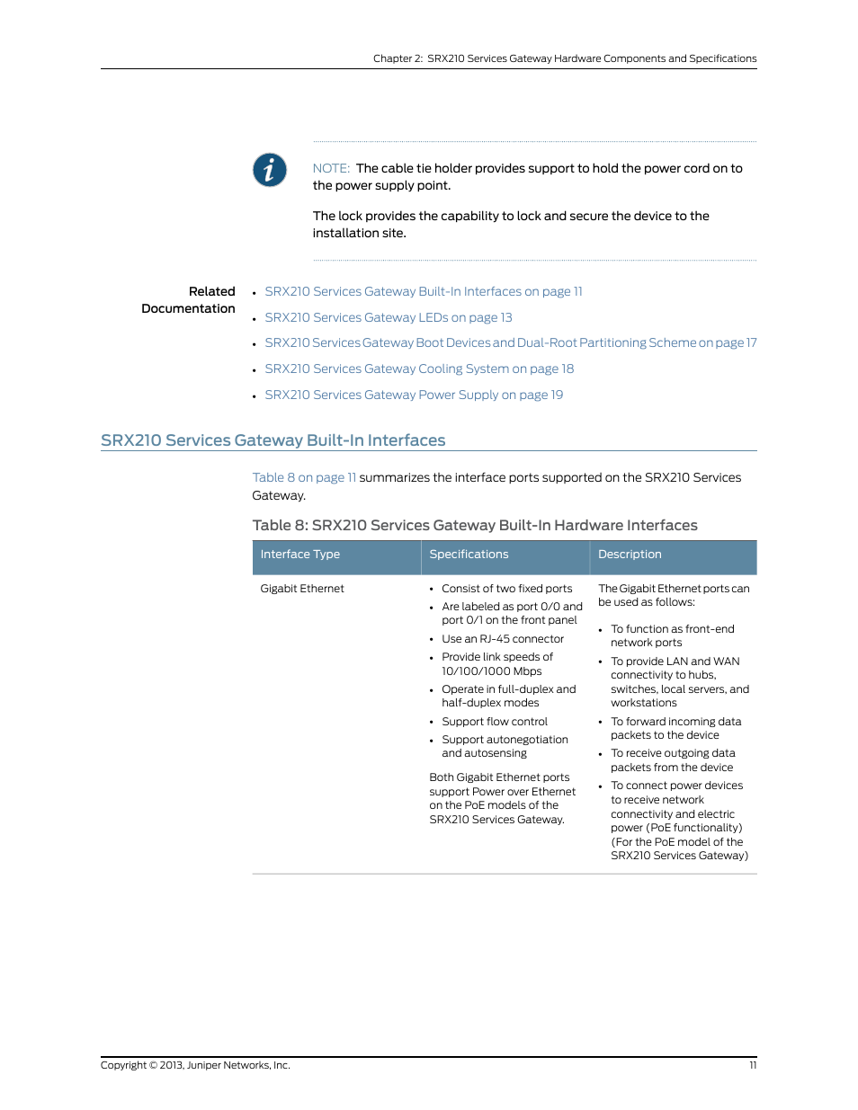 Srx210 services gateway built-in interfaces | Juniper Networks SRX 210 User Manual | Page 27 / 176