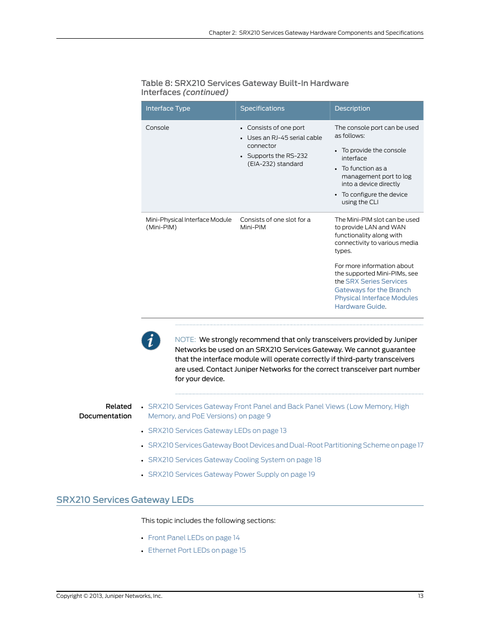 Srx210 services gateway leds | Juniper Networks SRX 210 User Manual | Page 29 / 176