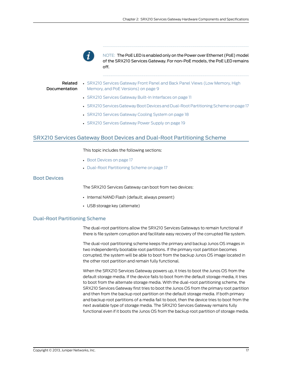 Boot devices, Dual-root partitioning scheme, 17 dual-root partitioning scheme | Juniper Networks SRX 210 User Manual | Page 33 / 176