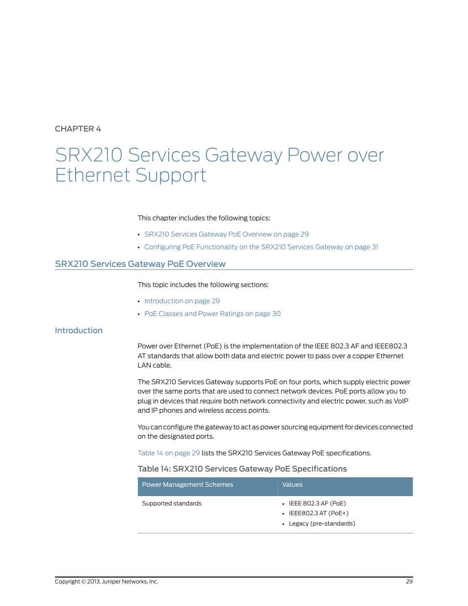 Srx210 services gateway poe overview, Introduction, Chapter 4 | Juniper Networks SRX 210 User Manual | Page 45 / 176