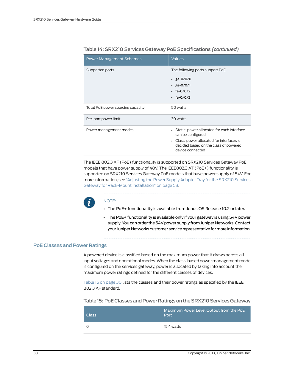 Poe classes and power ratings | Juniper Networks SRX 210 User Manual | Page 46 / 176