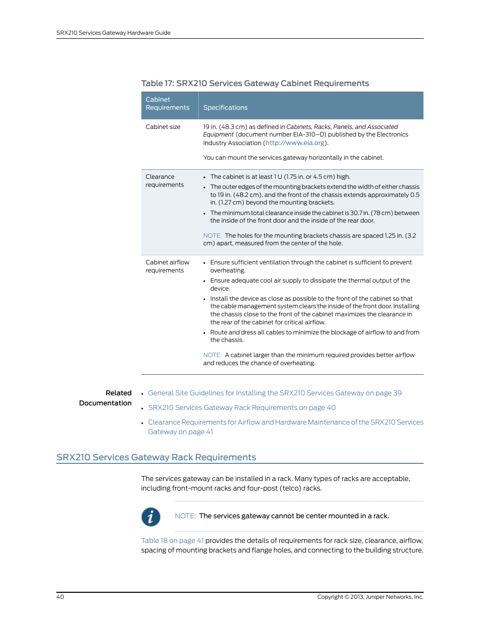 Srx210 services gateway rack requirements | Juniper Networks SRX 210 User Manual | Page 56 / 176